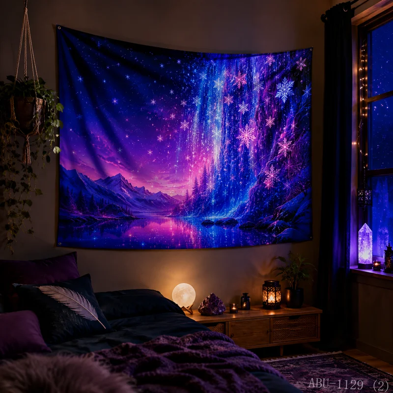 VIKAMA Aurora Snowflake Meteor Shower Snow Mountain Lake Forest Christmas Tapestry, HD Backdrop, Winter Wonderland Decor