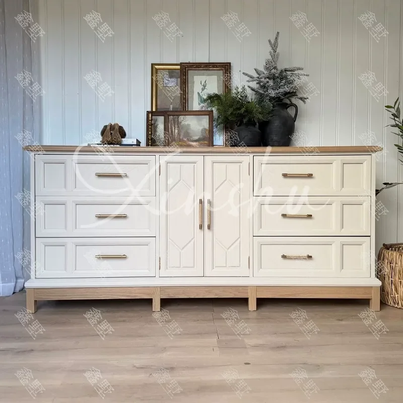 Retro Vertical Pattern Chest Cabinet Cream White Wood Style Master Bedroom Storage Cabinet Entrance Hallway Large Capacity