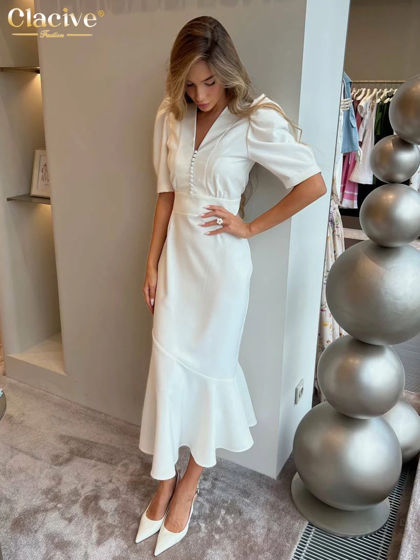 white midi dress elegant White Classy midi dress with open neckline Customized / White main image 1