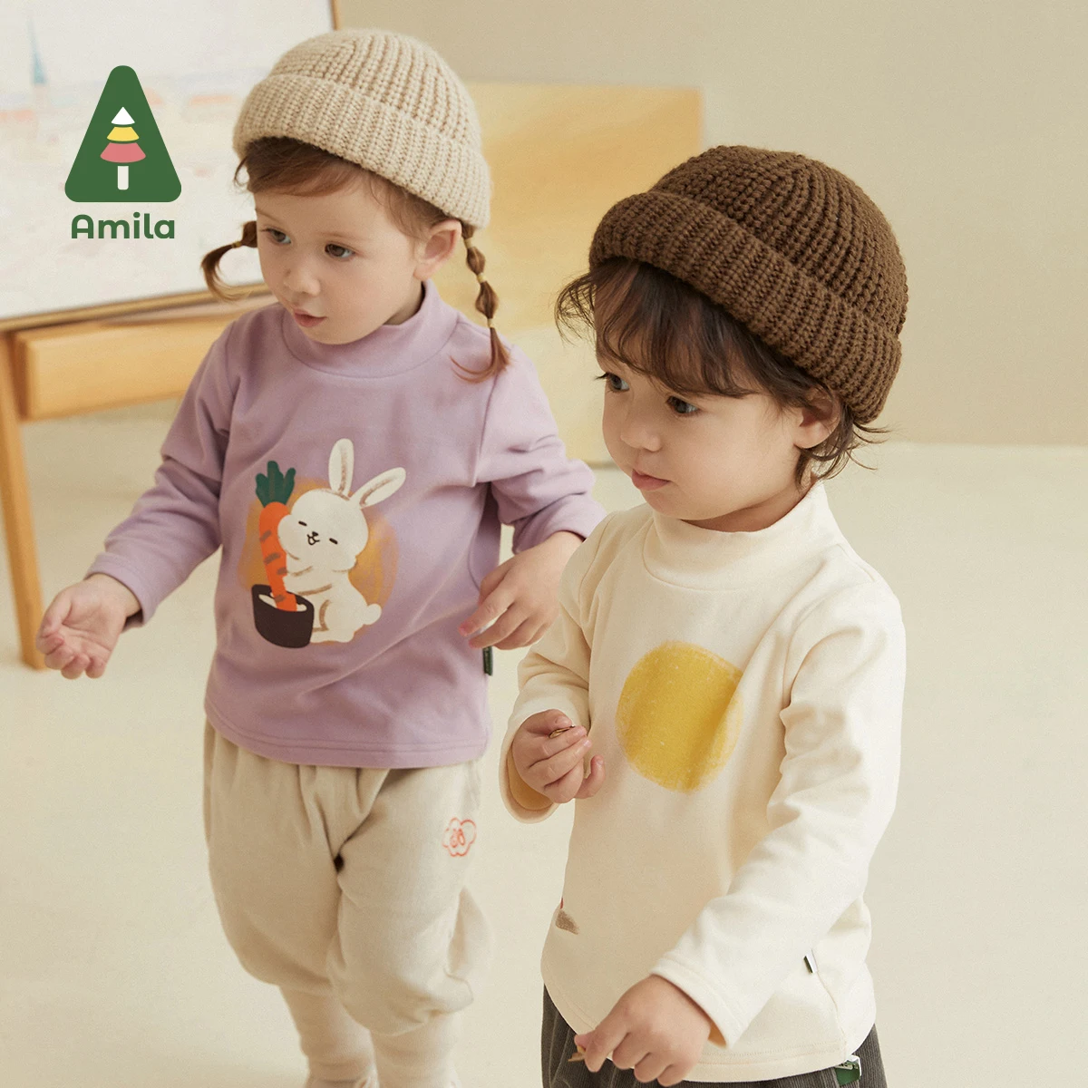 Amila Baby T-shirt 2022 Autumn New High-collar Long Sleeves for Boys and Girls Soft Moon Rabbit Children Clothes Cartoon