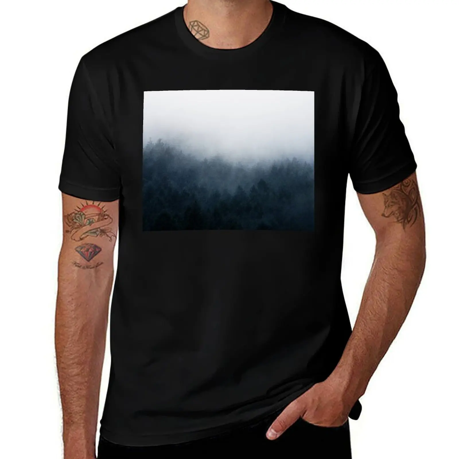 All Over // Misty Fairytale Wilderness Forest With Cascadia Trees Covered In Magic Blue Fog Series T-Shirt