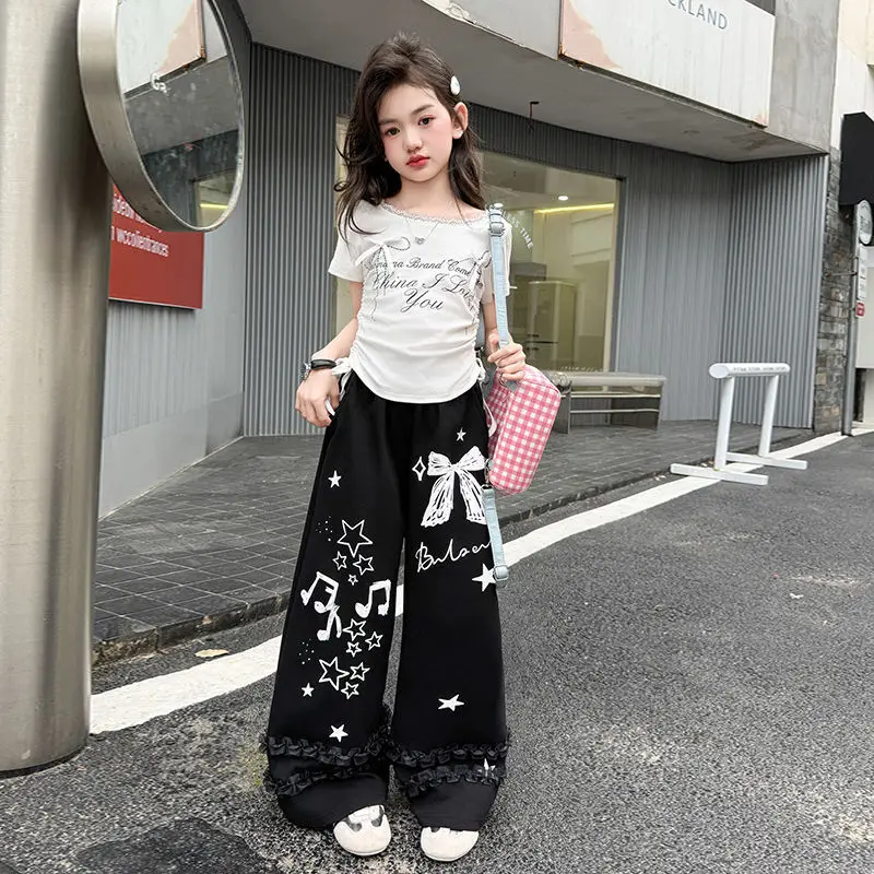 1 قطعة 2025 الصيف المراهقين الفتيات القماش مجموعة القوس اللؤلؤ الدانتيل تي شيرت المحاصيل الأعلى أو مشاعل فضفاضة طويلة واسعة الساق بانت طفل 4 8 10 12 14 سنة #2