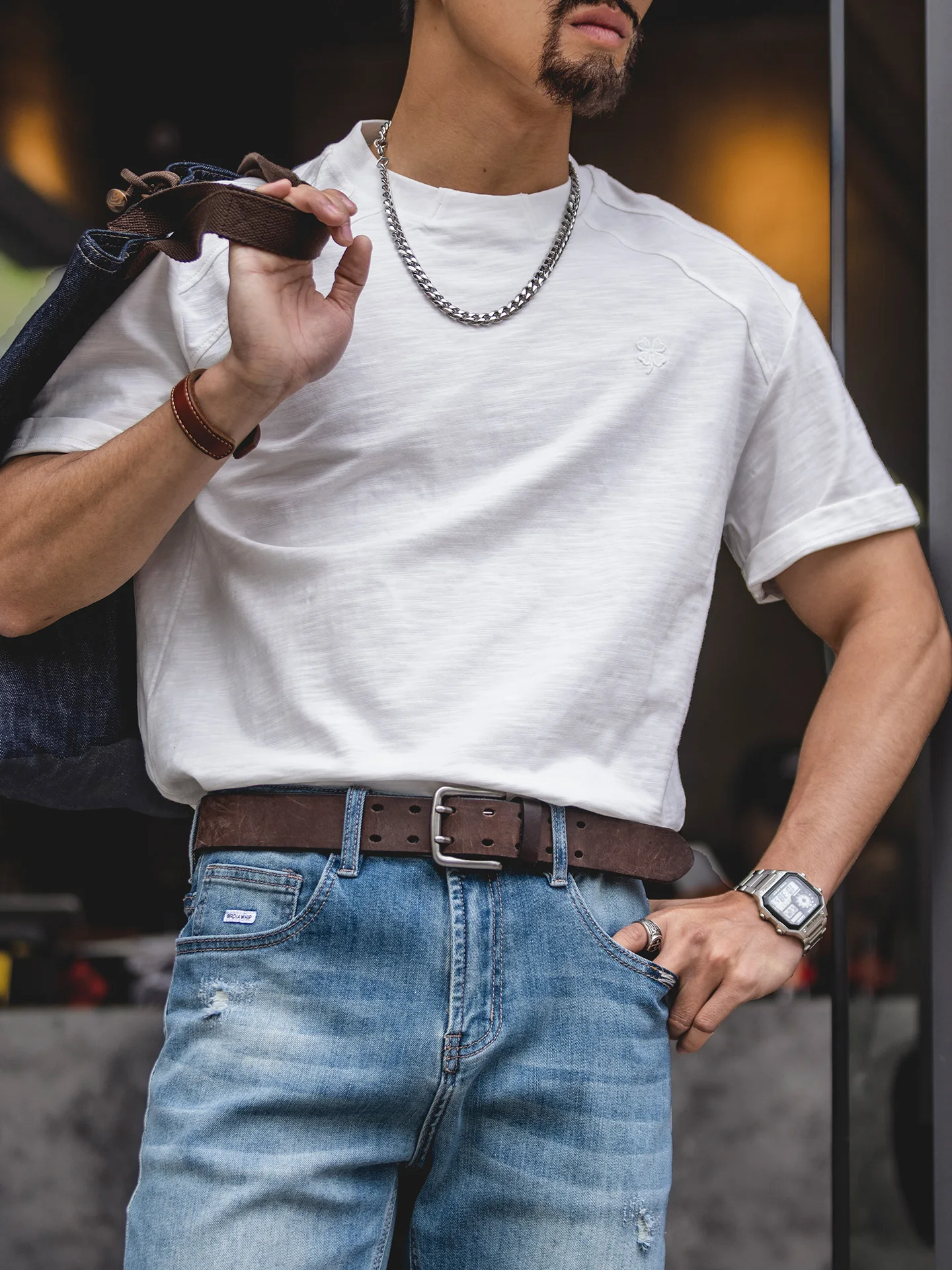 Loose Fit Bamboo Rayon Short Sleeve Men's T-Shirt Breathable Embroidered round Neck American Style Casual Top for Summer