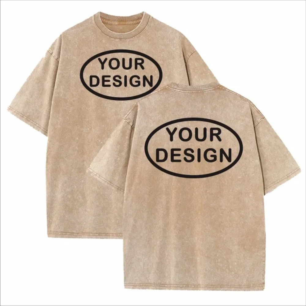 Customized T-shirt with Hip-hop Street Team Logo Men's Washed Cotton, Loose Fit, High Temperature Printing Custom Top