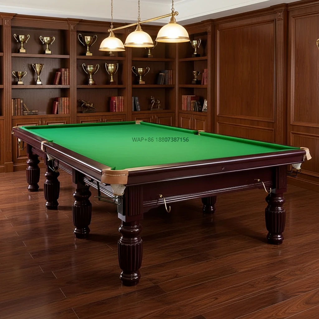 Solid Wood Indoor Snooker Table-Green Cloth Leather Pockets Automatic Ball Return for Commercial & Home Billiard