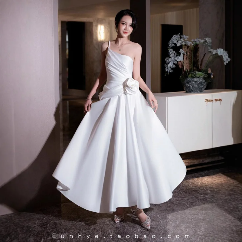 

Bride Registration Certificate Return Wedding Dress2025Summer New Pearl White High Gloss Satin One-Shoulder Dress
