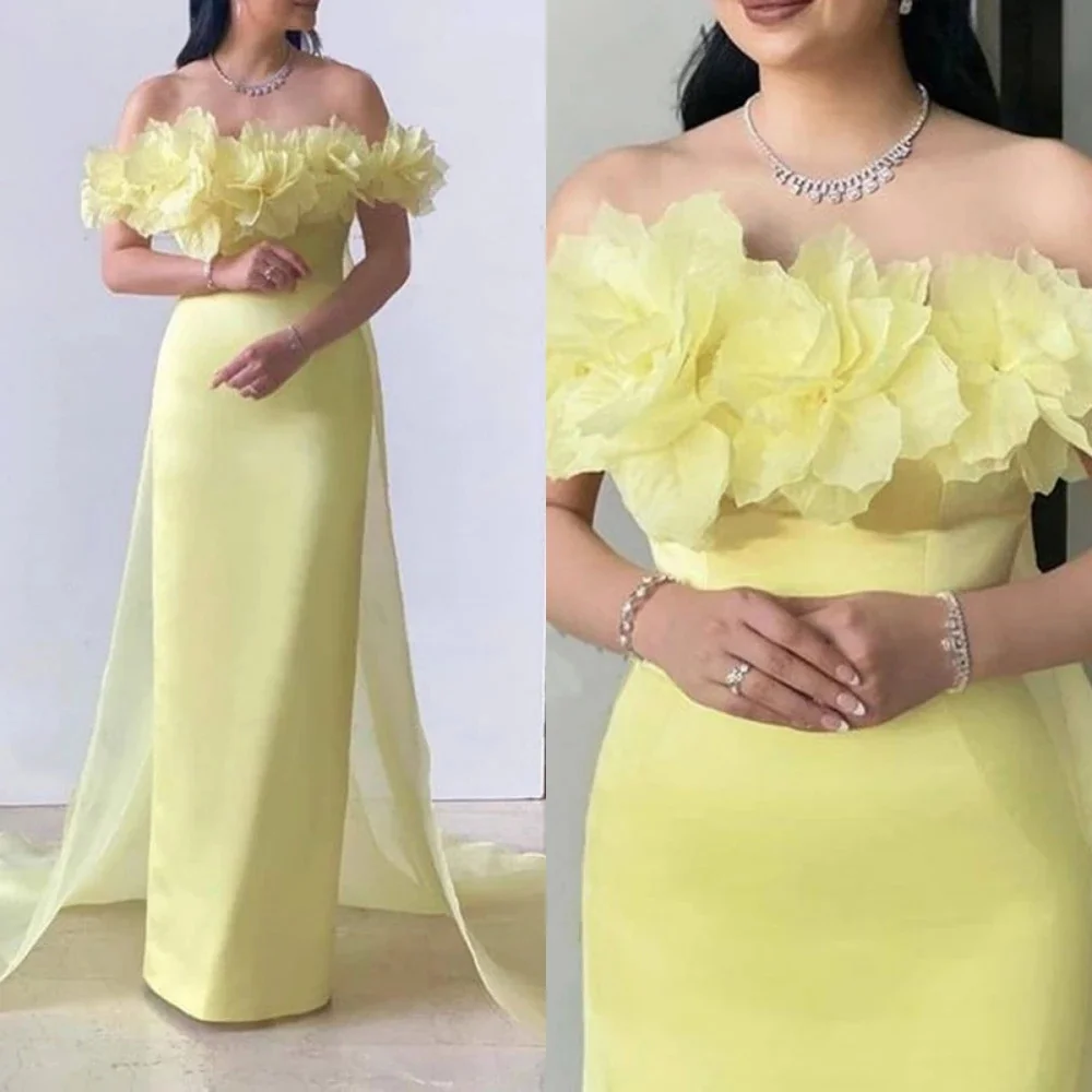 Bella Elegant Light Yellow Off Shoulder Prom Dresses Sheath Flower Neck Evening Dress Satin Ankle-Length vestidos de fiesta 2024