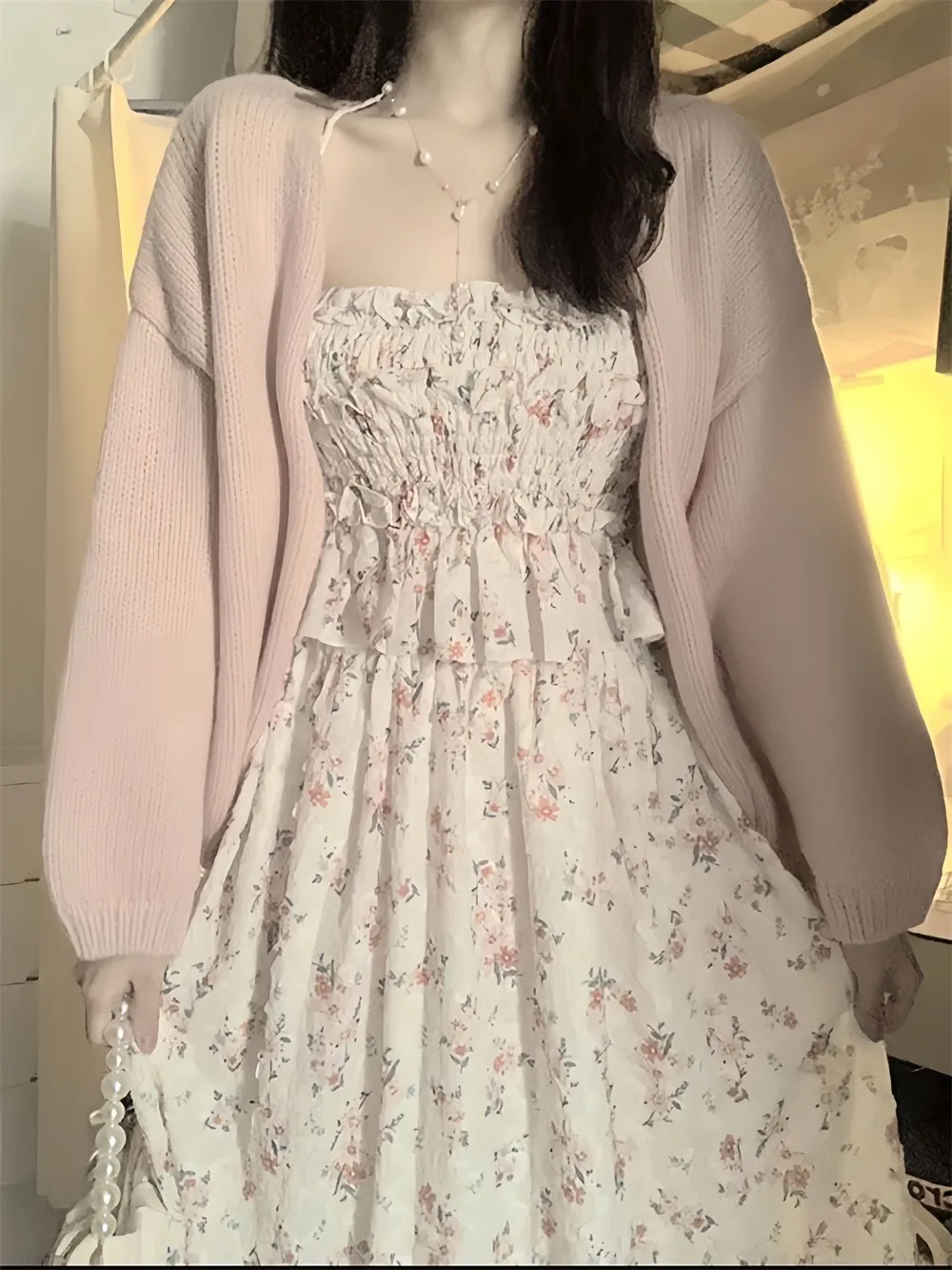 Fashionable Korean Floral Print Gingham Trim Strap Dress Women's Style Ear Mushroom Two-Piece Set Pink Sweater Cardigan Autum...