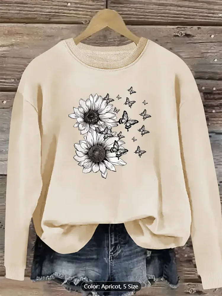 

Womens White Sweatshirt Sunflower Butterfly Graphic Print Casual Oversized Pullover Top for Floral Style Lovers Pure Cotton