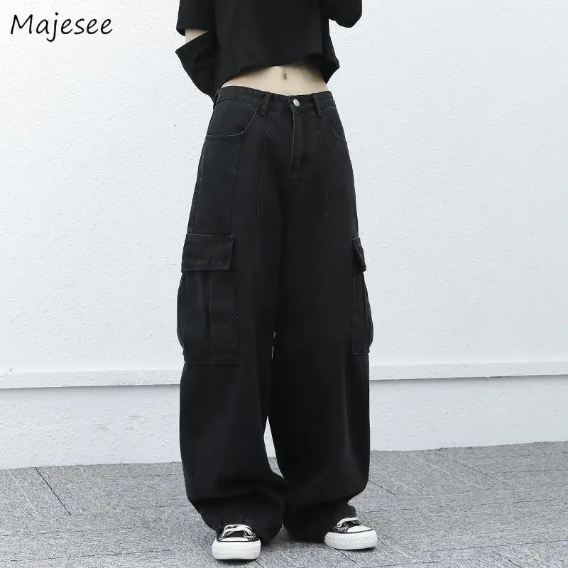 Basic Jeans Women Japanese Style Baggy Cargo Trousers Autumn Big Pockets Vintage Minimalist Neutral Streetwear Students Casual