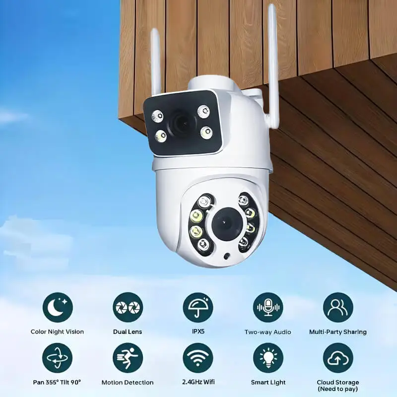 

Камера PTZ 2-в-1 с двумя объективами, 1080P HD, Wi-Fi, с Bluetooth-настройкой, 360° ° Ночной цветной режим, водонепроницаемость IPX5