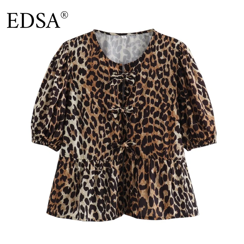 

EDSA Women Sweet O-Neck Leopard Print Blouse Female Chic Pleats Puff Sleeve Bow Tied Casual Ruffles Shirt Blusas Tops