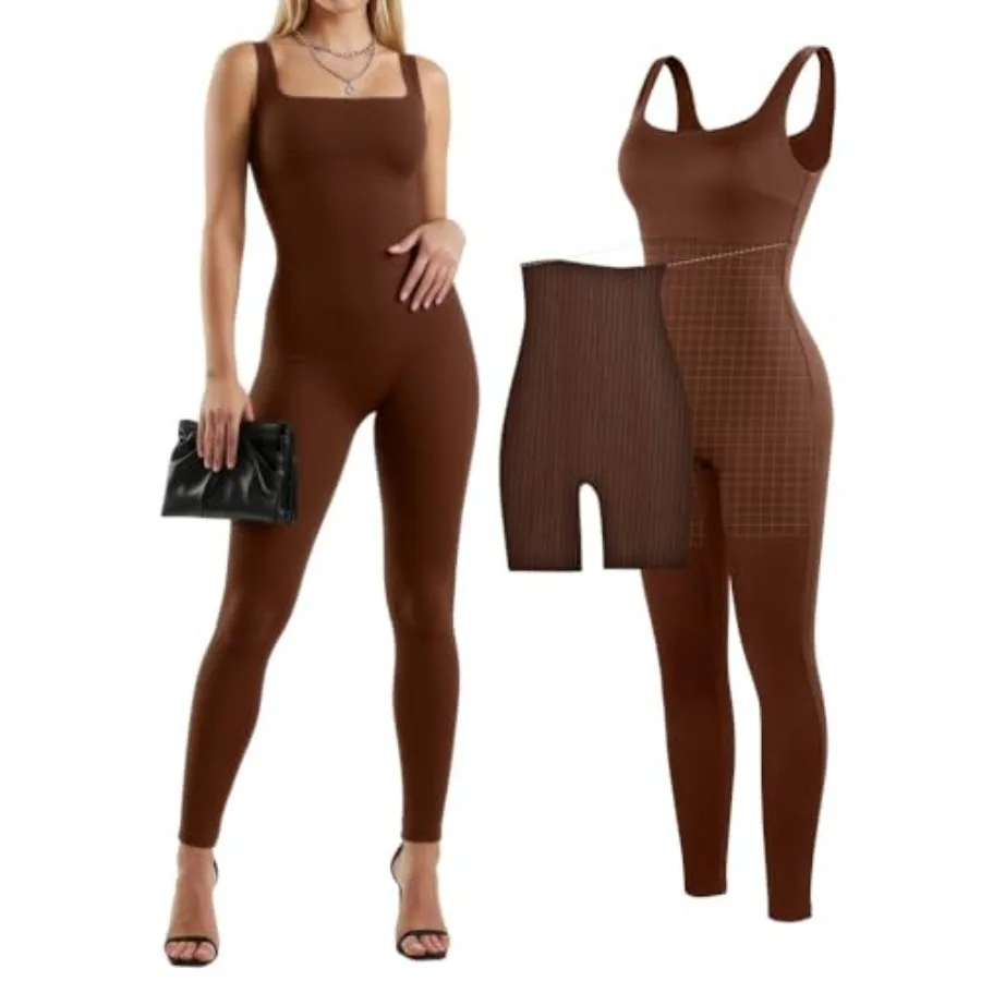 

Popilush Shapewear Jumpsuits for Women Built-in Bra Tummy Control Bodysuit Square Neck Sport Romper Summer Outfit