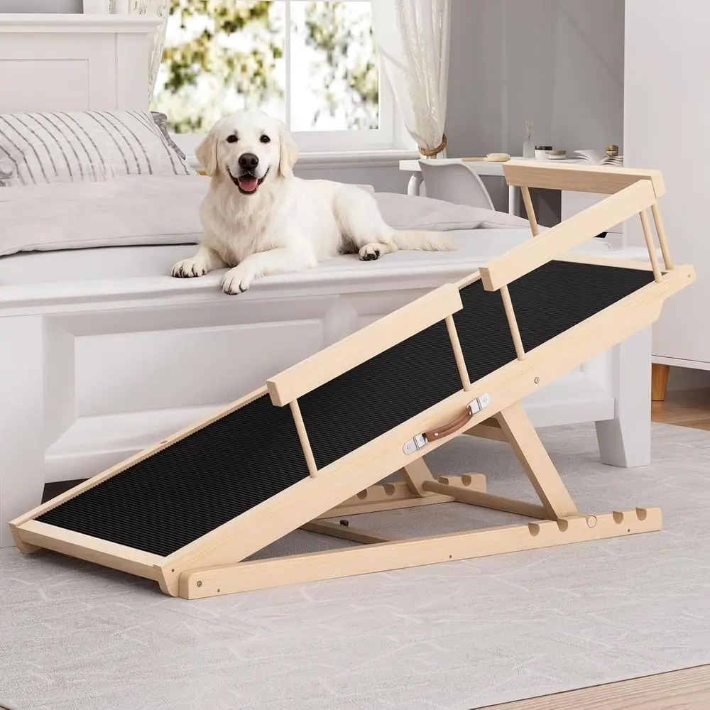 Adjustable Wooden Dog Steps with Anti-Slip Mat & Safety Rails for Beds, Couches, Cars, and TVs, Suitable for Pets up to 250 lbs