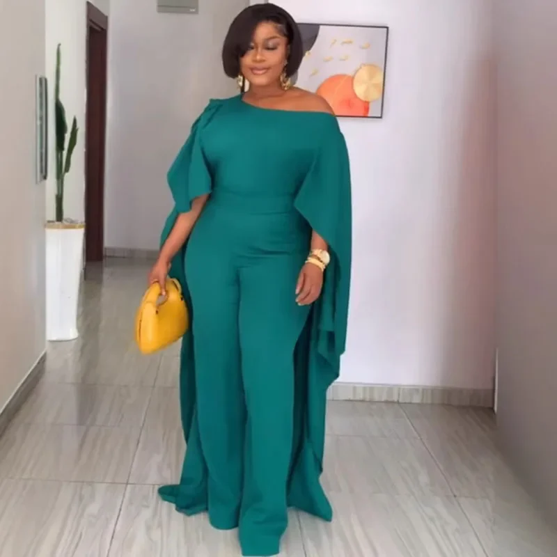 

2025 Solid Cloak Wide Leg Jumpsuit Woman Elegant One Shoulder High Waist Party Club Rompers Womens Jumpsuits Combinaison Femme