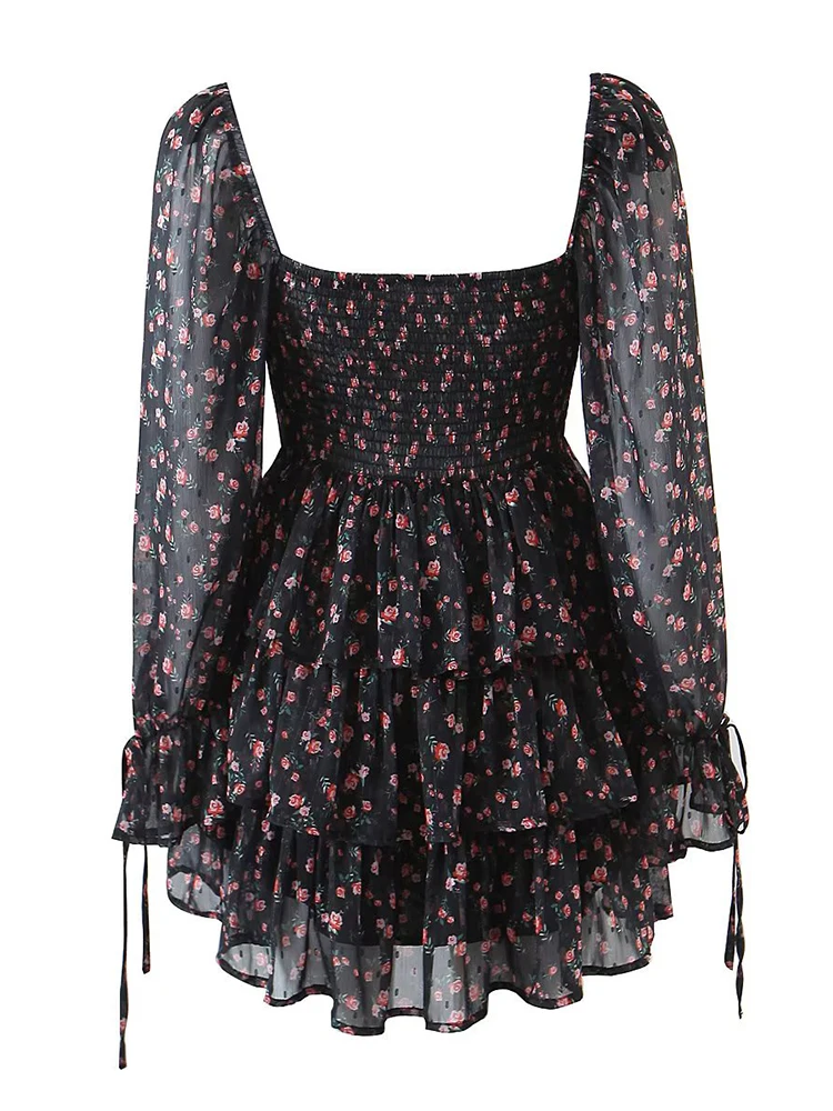 Vintage bloemenprint jurk dames 2023 nieuwe zomer chique chiffon mini-jurk sexy semi-transparante lange mouwen gelaagde ruches korte jurk