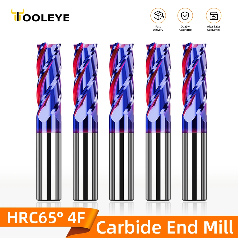 TOOLEYE HRC65 Carbide End Mill 4 Flutes Metal Milling Cutter Cutting Tool CNC Maching Coating Flat Endmills For Stainless Steel