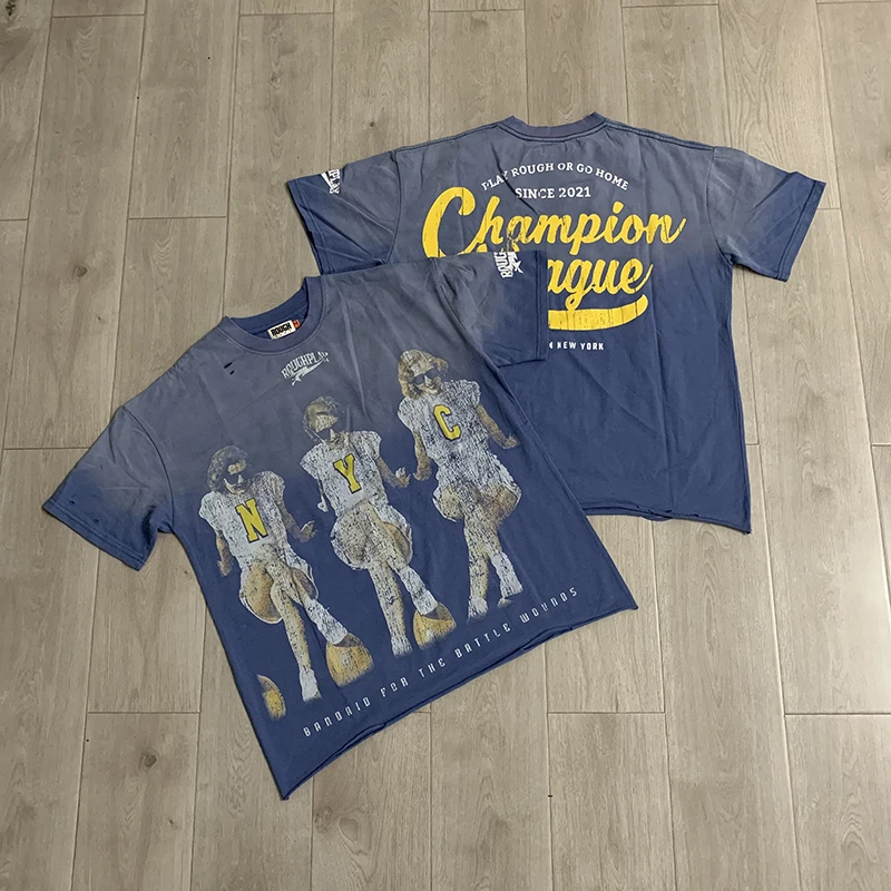 2026SS Rough Play Streetwear Washed T Shirt Men Retro Character Print Short Sleeve Casual Hip Hop Top