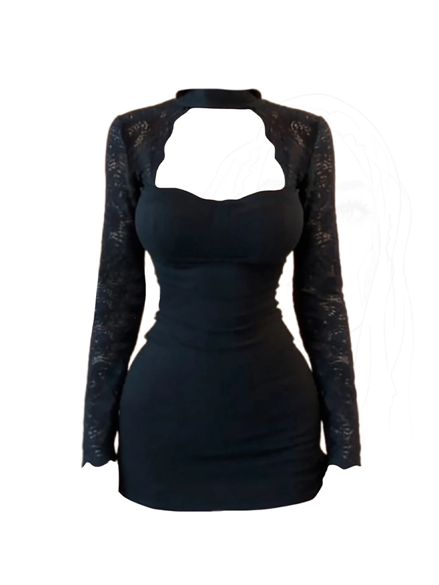 

Женское черное готическое эмо мини-вечернее платье винтажное кружевное лоскутное вечернее платье с длинными рукавами цельное платье весенняя одежда