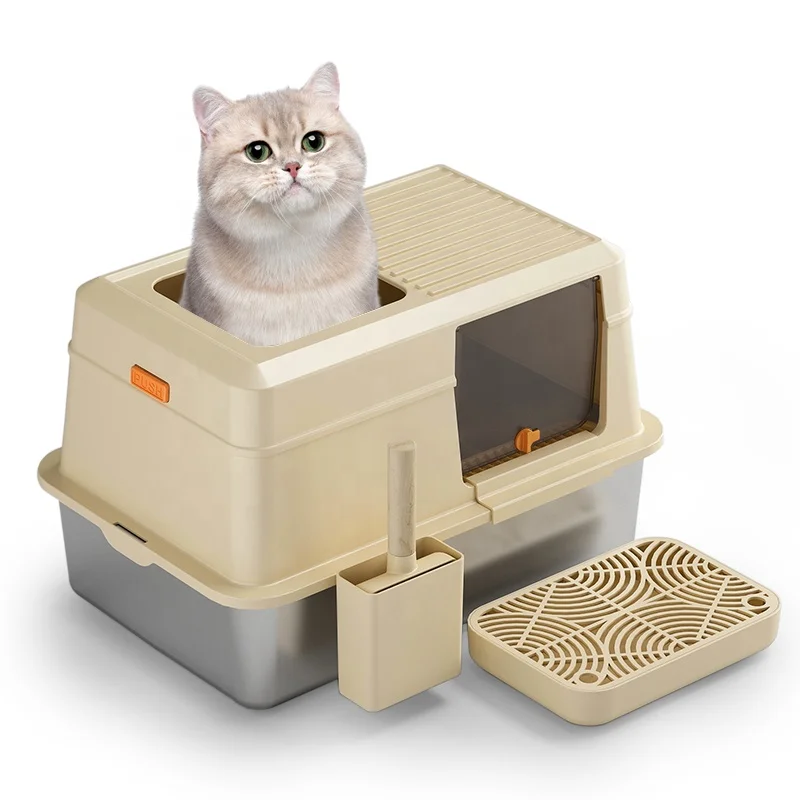 Easy to Clean Odorless Sturdy and Thick Top Entry High Side Cat Litter Box Pan Tray with Lid Include Scoop