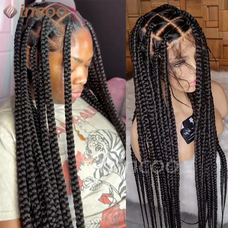 

Synthetic Large Box Braided Wigs Jumbo Knotless Full Lace Front Wigs For Black Women Jumbo Tribal Braids Faux Locs Cornrows Wig