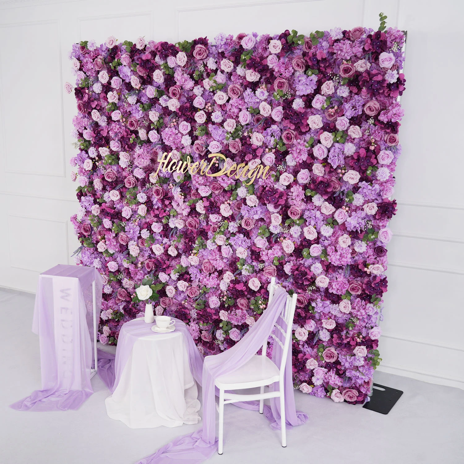 Uflower 3D Flower Wall Purple Rose Hydrangea Gradient Rolling Up Cloth Curtain Wedding Decor Backdrop Decoration Fabric Wall