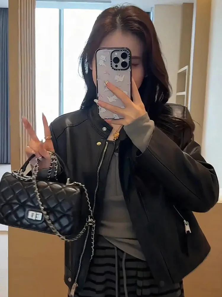 Sli ort Biker Jaet Women's Spring 2025 Faion Design Zipper Slim Fit Leather Coat Trendy Top Casual Outerwear