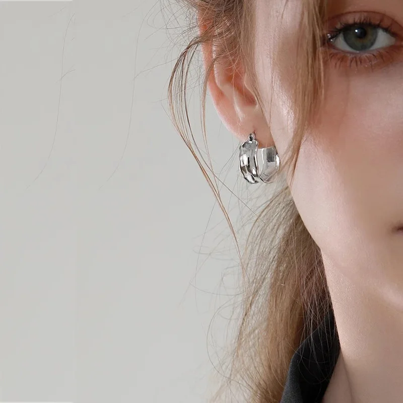 925 Sterling Silver Irregular Wide Face Earrings for Women Ear Hoop Fashion Fine Jewelry Accessories Gifts