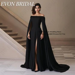 EVON BRIDAL Black Evening Dresses Long Cap Sleeves Formal Occasion Dress Boat Neck Lace vestidos de fiesta para mujer A-Line