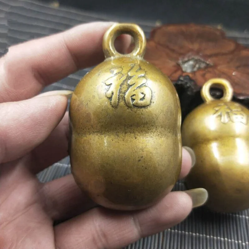 Vintage Solid Brass Fu Character Bell Chinese Copper Lucky Blessing Bell Pendant Ornament Folk Curio Collectible Hanging Charm
