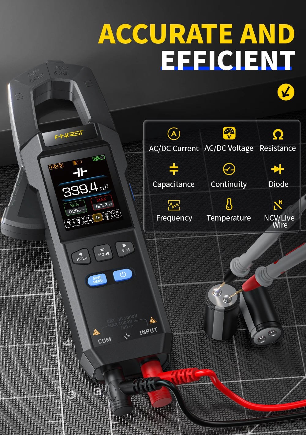 FNIRSI DMC-100 DC AC Stroomtang Meter 10000 Telt Digitale Multimeter 600A Amperimetrische Stroomtang USB Tester NCV Elektricien Tool