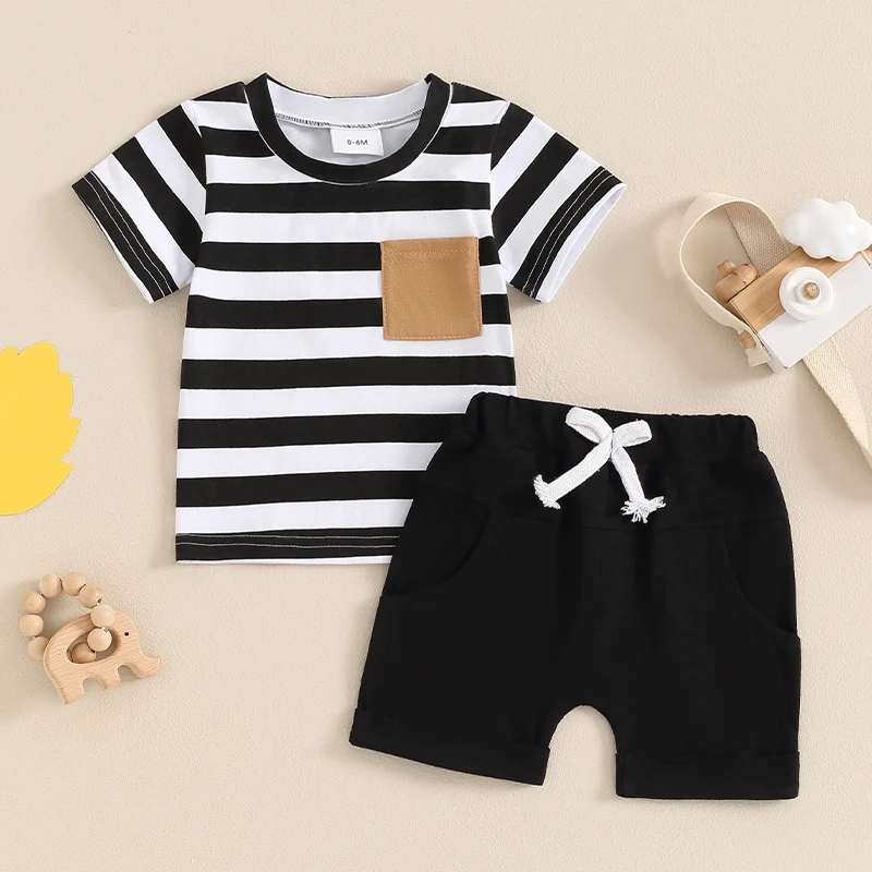 

2Pcs Baby Boy Summer Outfits Short Sleeve Striped Print Tops Shorts Set Toddler Clothing