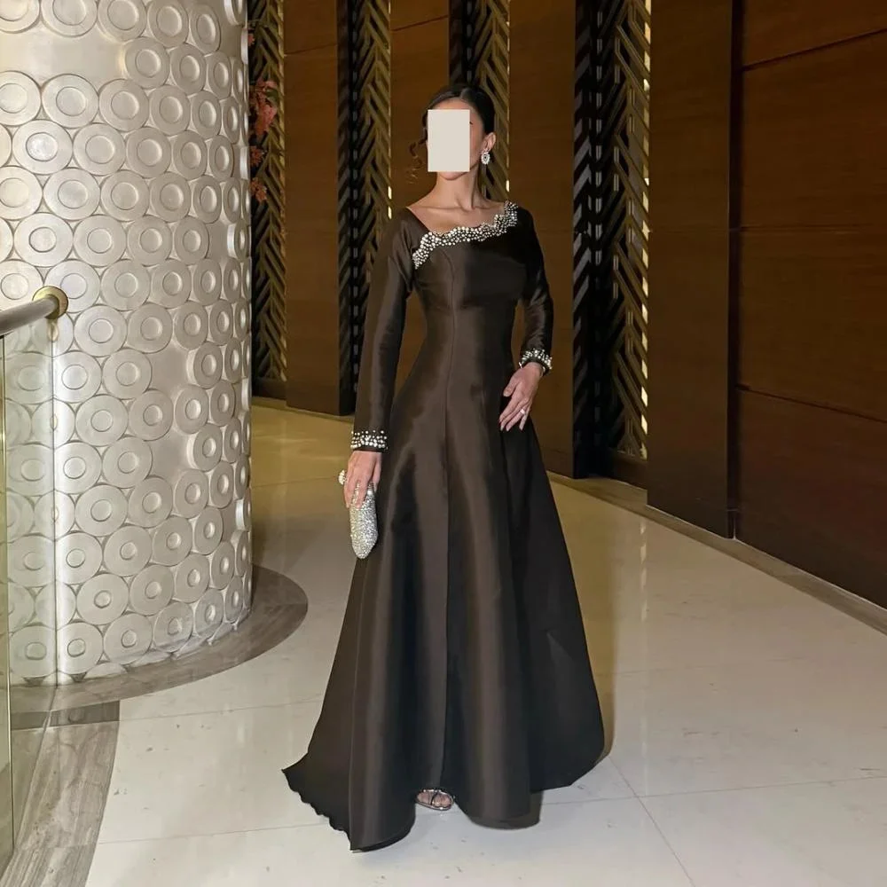 

Elegant Stain Evening Gowns for Arabic Women Brown A Line Long Prom Party Dress Sequin Full Sleeve Vestido de Noche Customized