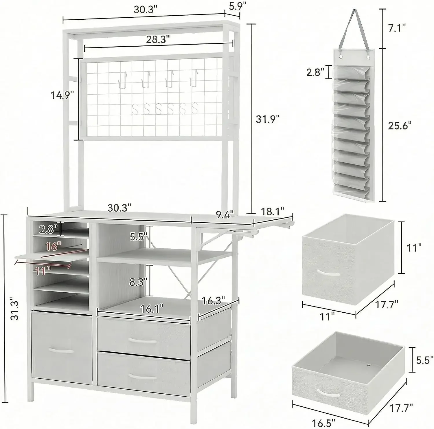 Craft Table with Fold Out Table Sewing Craft Desk with Storage&Vinyl Holder | Large White Craft Organizers and Storage Cabinet C