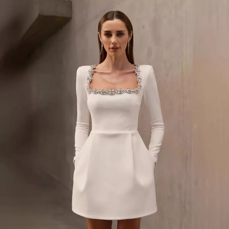 

Europe and America 2025 New Women's White French Square Neck Rhinestone Long Sleeve Bandage Dress Summer High-end Feel