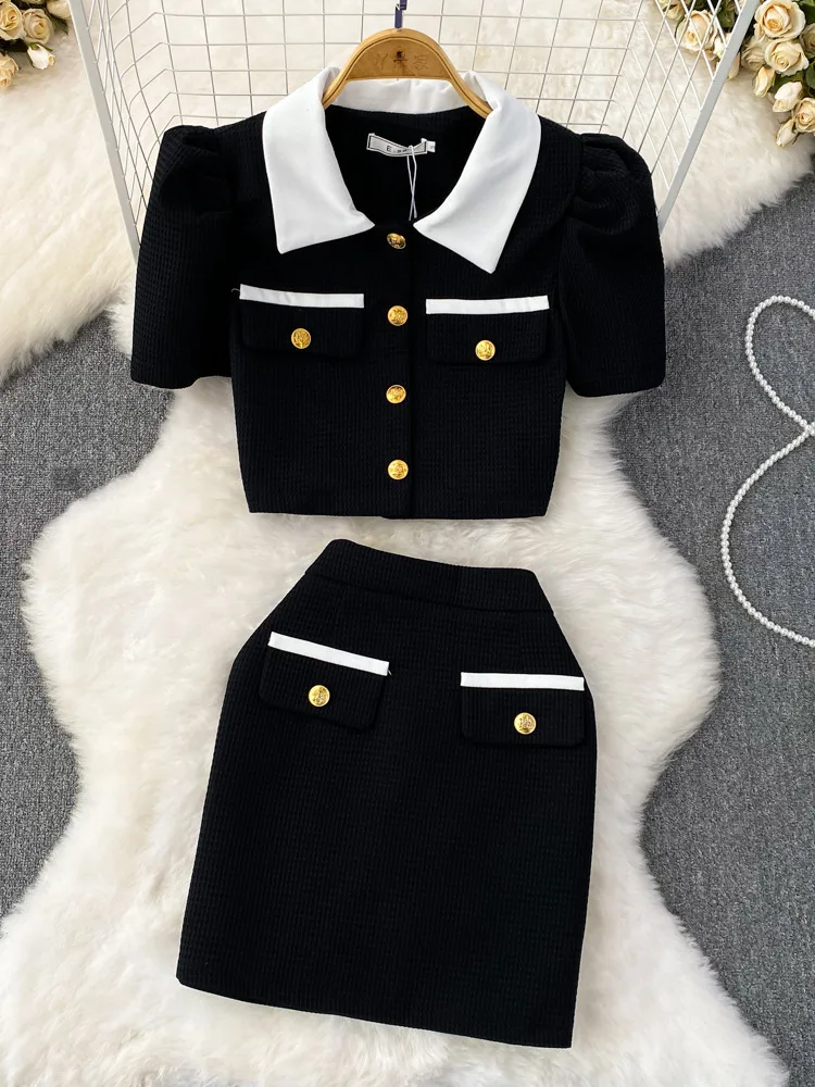 Summer Small Fragrance Fashion Two-piece Set Women\'s Temperament Bubble Sleeve Contrast Standneck Tops+High Waist Skirt Suit