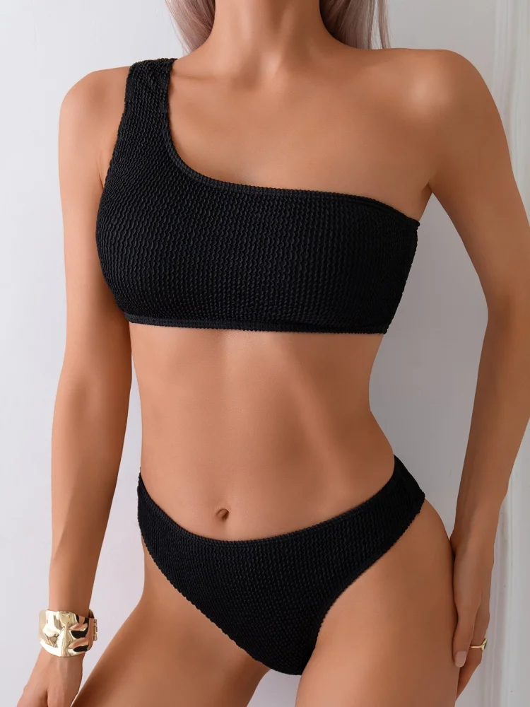 

Bikini Women Swimsuit 2025 New Solid One Shoulder Ribbed Bikinis Set Sexy Swimwear Summer 2 Piece Set Beach Bathing Suit Female