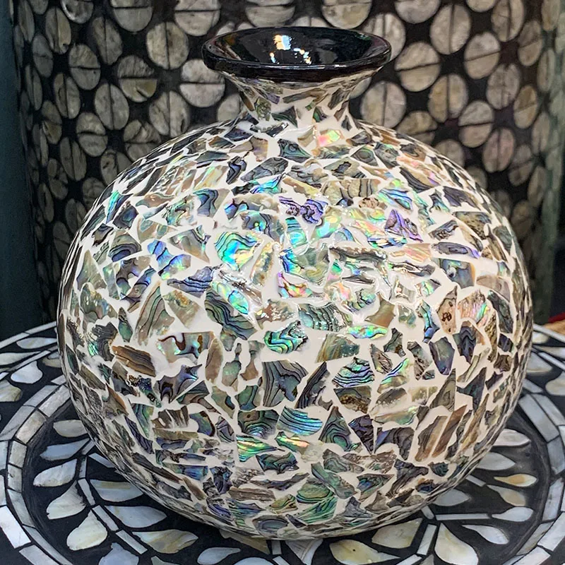 Creative Shell Inlaid Flower Arrangement Tea Room Entrance Vase Ornament Living Room Decoration Width 17 Height 17 Diameter Abou