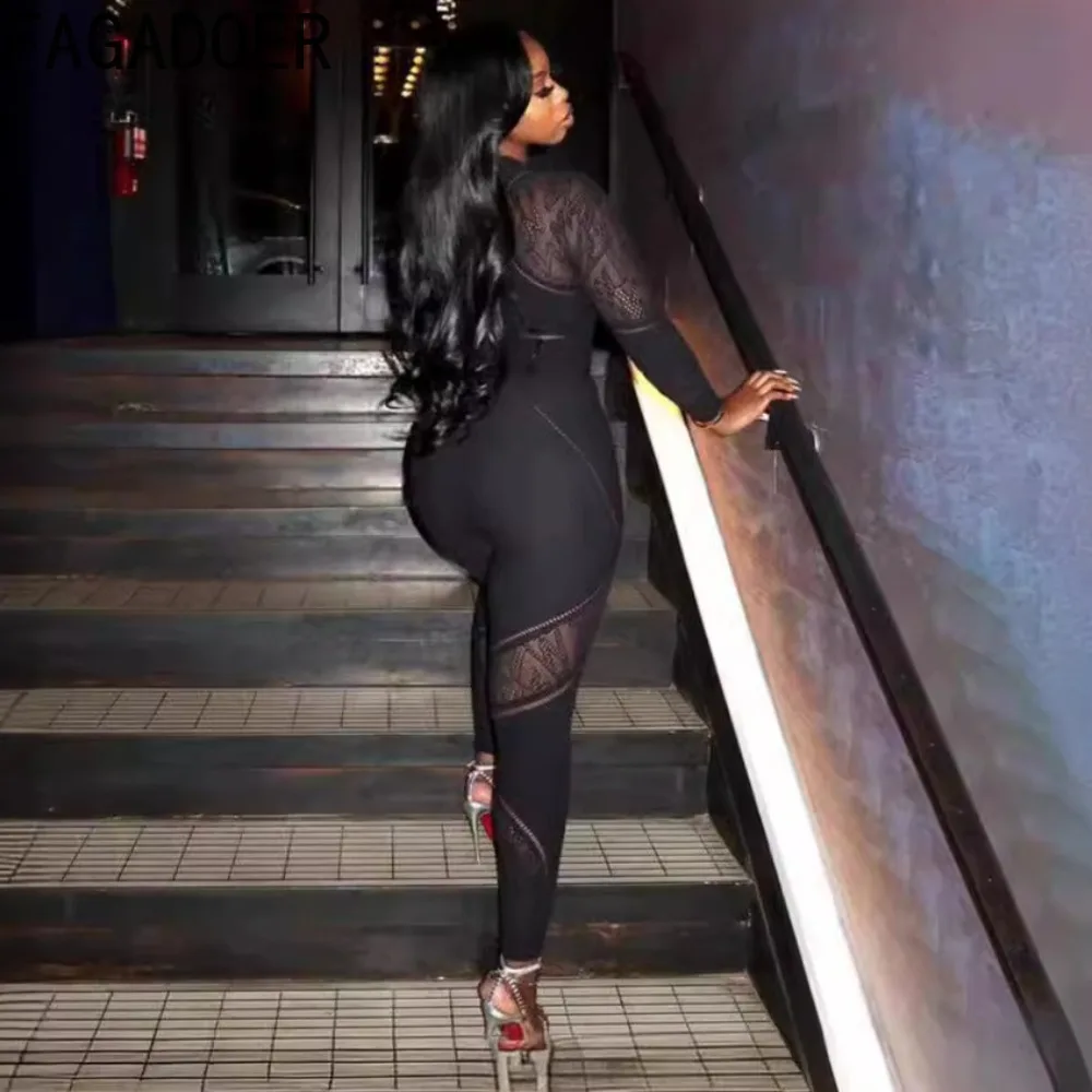 FAGADOER Sexy Stricken Bodycon Overalls für Frau Einfarbig Hohl-out Lange Ärmel Strampler Weibliche Streetwear Overalls Neue