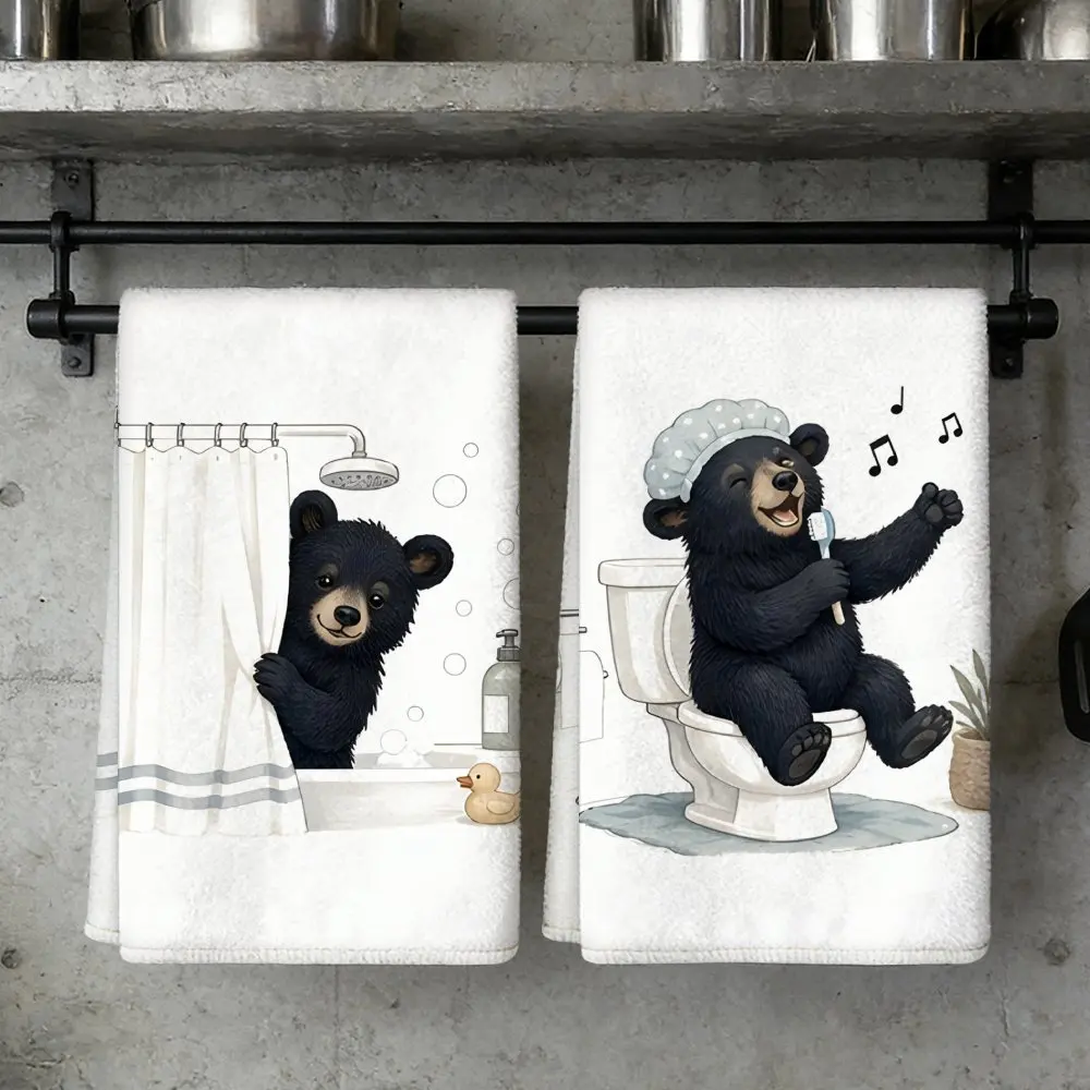 2-Pack kitchen towels, soft absorbent microfiber tea towels, decorative housewarming/birthday gifts, cute black bear towels