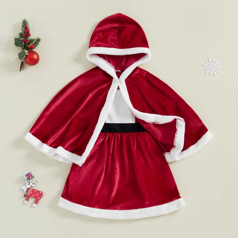 

RUEWEY 9 Months to 5 Years Christmas Little Girls Dress Set Santa Terry Trim Sleeveless A-Line Cami Dress Hooded Cloak Outfits