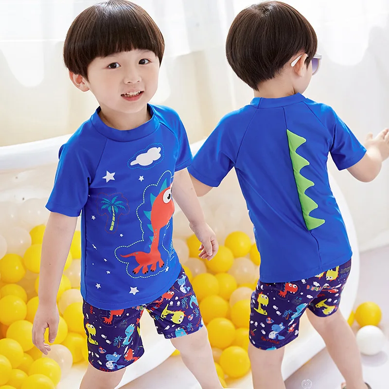 

Summer Two Piece Swimwear Kids Quick-Dry Printed Cartoon Short Sleeve Bathing Suit Dinosaur Beachwear Boys Swimming Suit