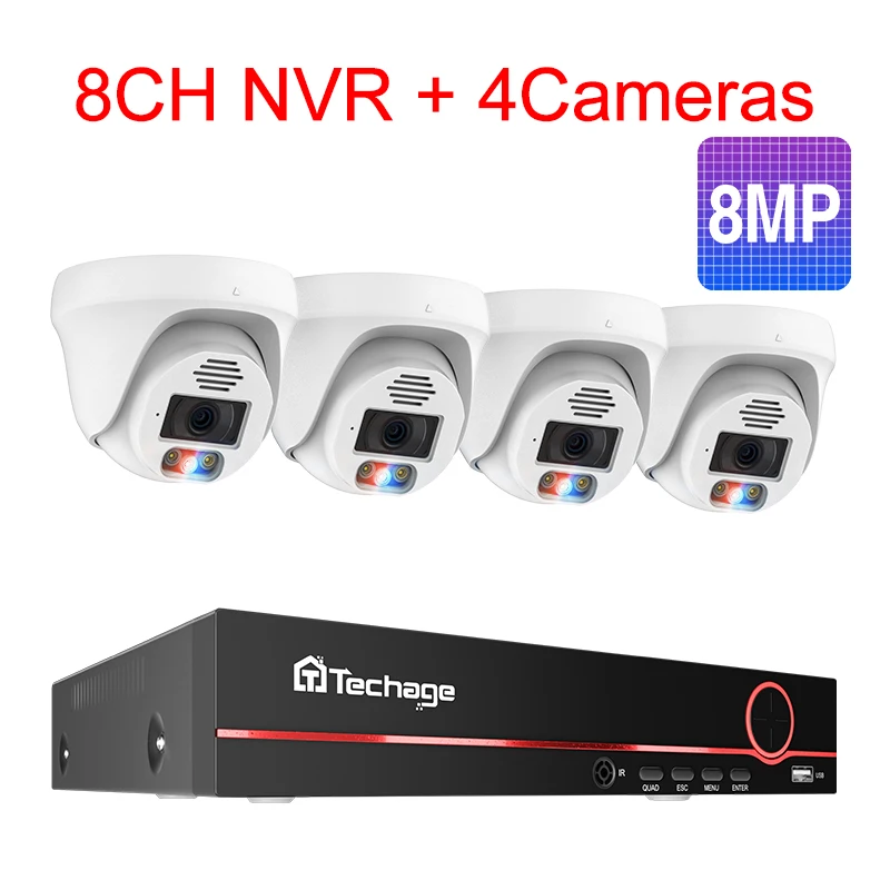 Techage Ultra HD 8MP 4K POE Beveiligingscamerasysteem Tweeweg Audio Gezichtsdetectie Full Color Night H.265 CCTV Videobewakingsset