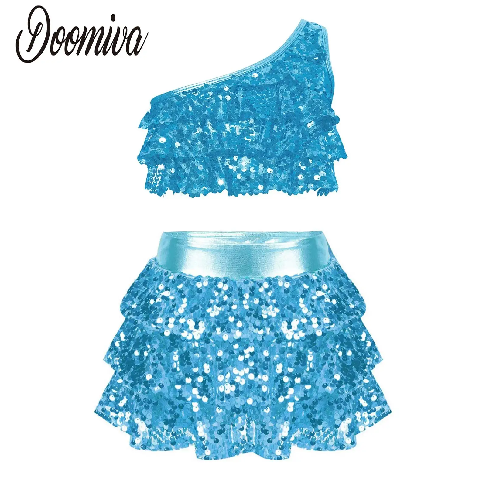 

Kids Girls Shiny Sequin Latin Jazz Salsa Rumba Dance Outfit Crop Top and Culottes Modern Dance Set Party Performance Costume