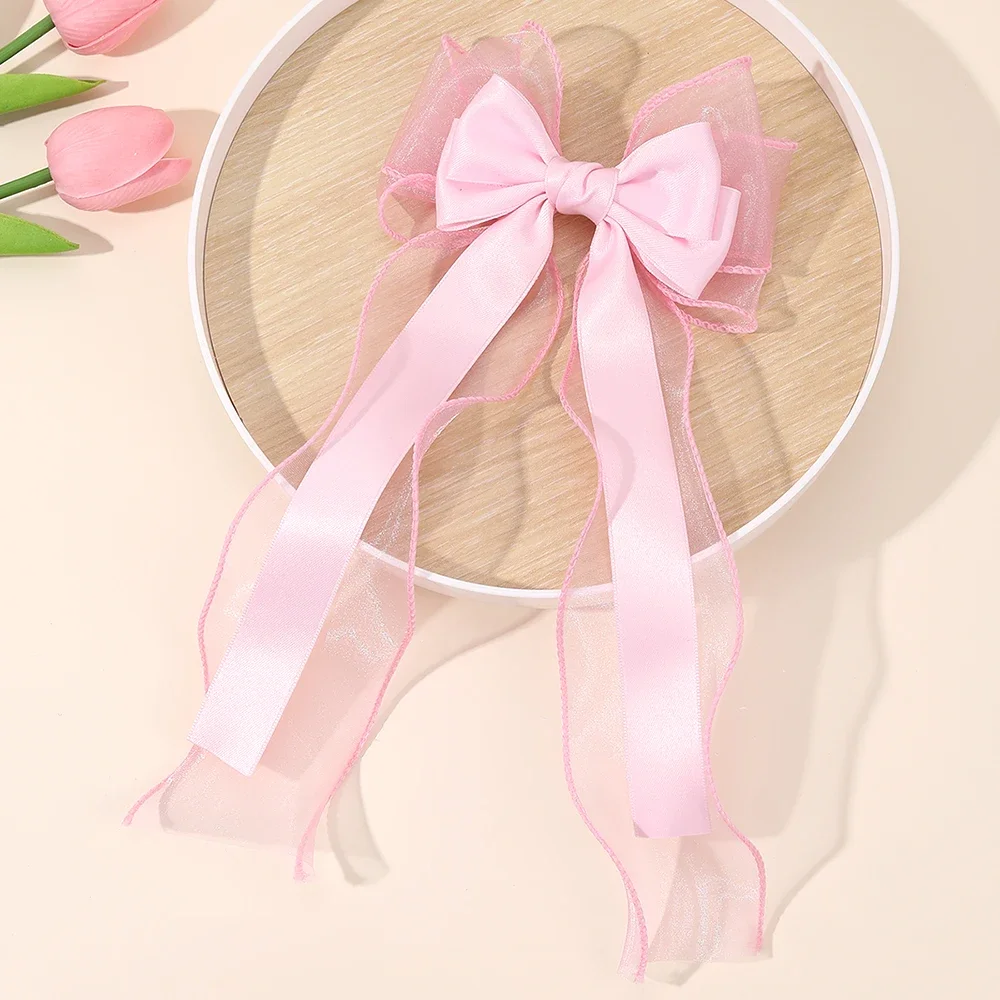 Mädchen-Haarspange aus Chiffon mit Schleife, elegante Haarspangen mit langem Band für Kinder, Hochzeit, Abschlussball, Alltag, französischer Stil, Haar-Accessoires – Detail 15