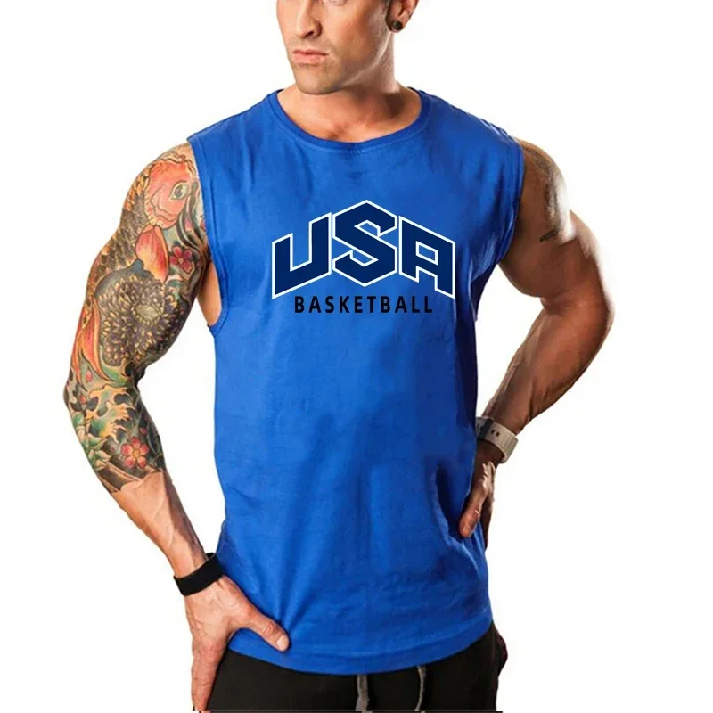 Summer Men USA Basketball Letter Printed O-neck Cotton Sports Tank Tops Arc hem Sleeveless  Gym Clothing Muscle Vests T Shirt