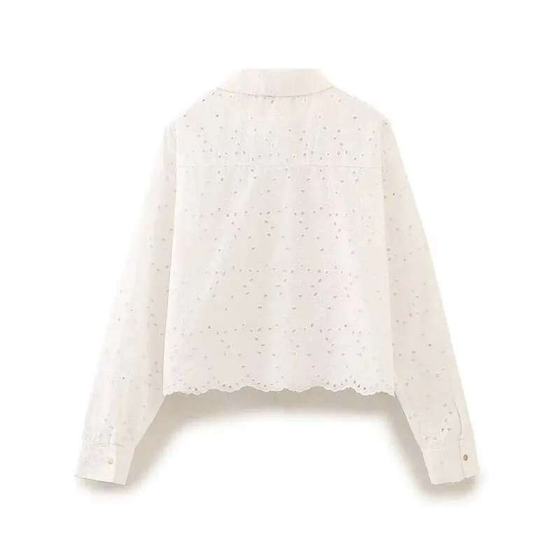 Ele White Embroidered Long Sve ort irt Women's Faion Summer New Arrival Hollow out Design High Waist Commute Sle