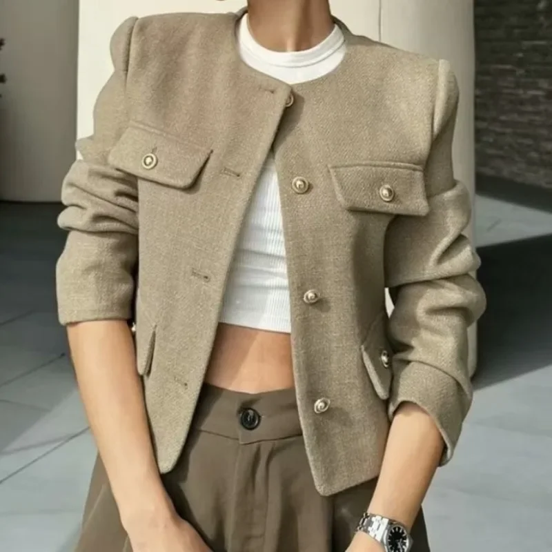 Fashion Women Soft Jacket O-Neck Pockets Buttons Slim Coat Female Short Office Jaquetas Y2k Elegant Women's Jacket Streetwear