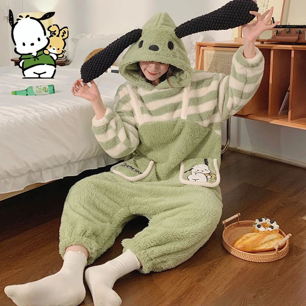 Sanrioed Cartoon Pochacco Women Plush Piece Nightgown Anime Kawaii Cinnamoroll Coral Fleece Pajamas Thicken Warm Winter Homewear