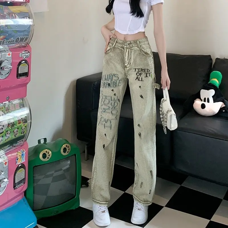 New American Embroidered Spicy Ink Spicy Girl Jeans Women's High Waist Slim Trend Versatile Loose Straight Leg Wide Leg Pants